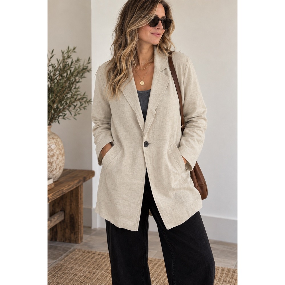 Zara Basic Linen Cotton Blend Single Button Oversized Blazer Jacket Small
